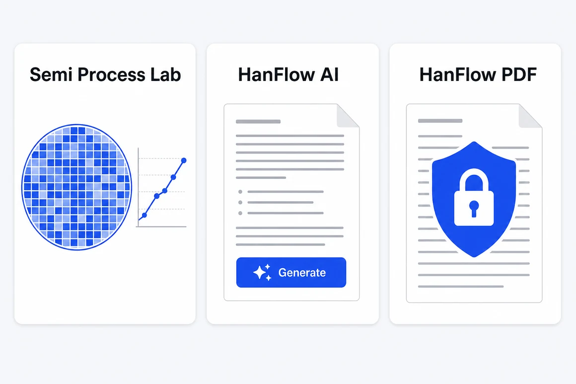 세 개의 제품 카드 — Semi Process Lab 웨이퍼 맵과 예측 차트, HanFlow AI 문서 생성(Generate), HanFlow PDF 보안 문서