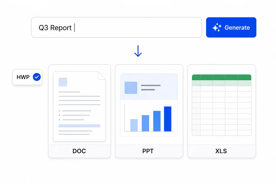 'Q3 Report' 입력과 Generate 버튼 아래로 DOC·PPT·XLS·HWP 산출물이 생성된 화면