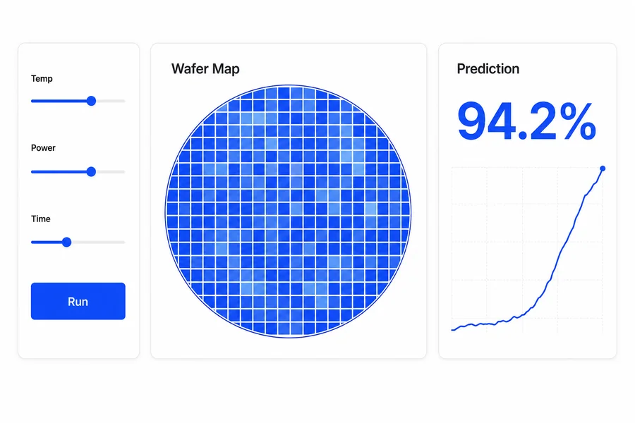 공정 조건 슬라이더(Temp·Power·Time)와 Wafer Map, 예측 94.2% 결과가 표시된 화면